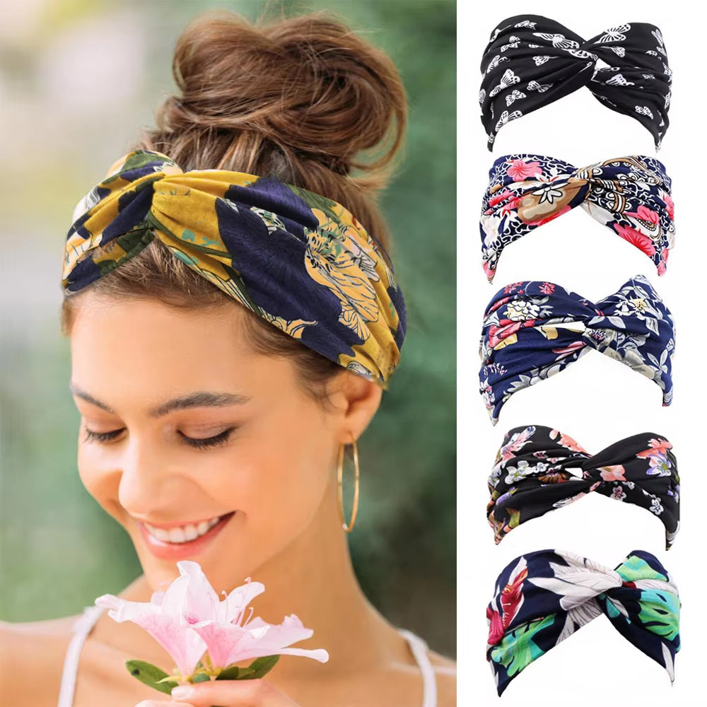 1PC Women'S Wide Stretchy Cross Sports Headbands Twist Knot Nonslip Elastic Folds Yoga Fitness Running Summer Makeup Hair Band