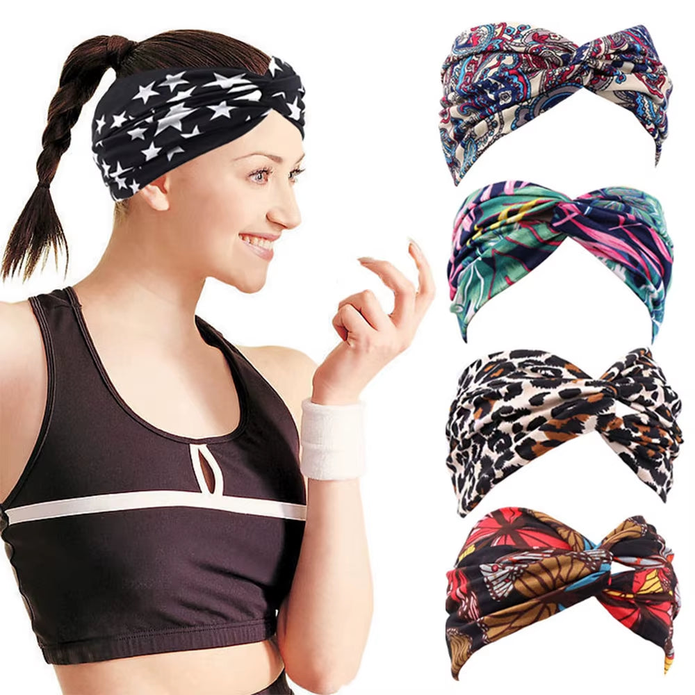 1PC Women'S Wide Stretchy Cross Sports Headbands Twist Knot Nonslip Elastic Folds Yoga Fitness Running Summer Makeup Hair Band